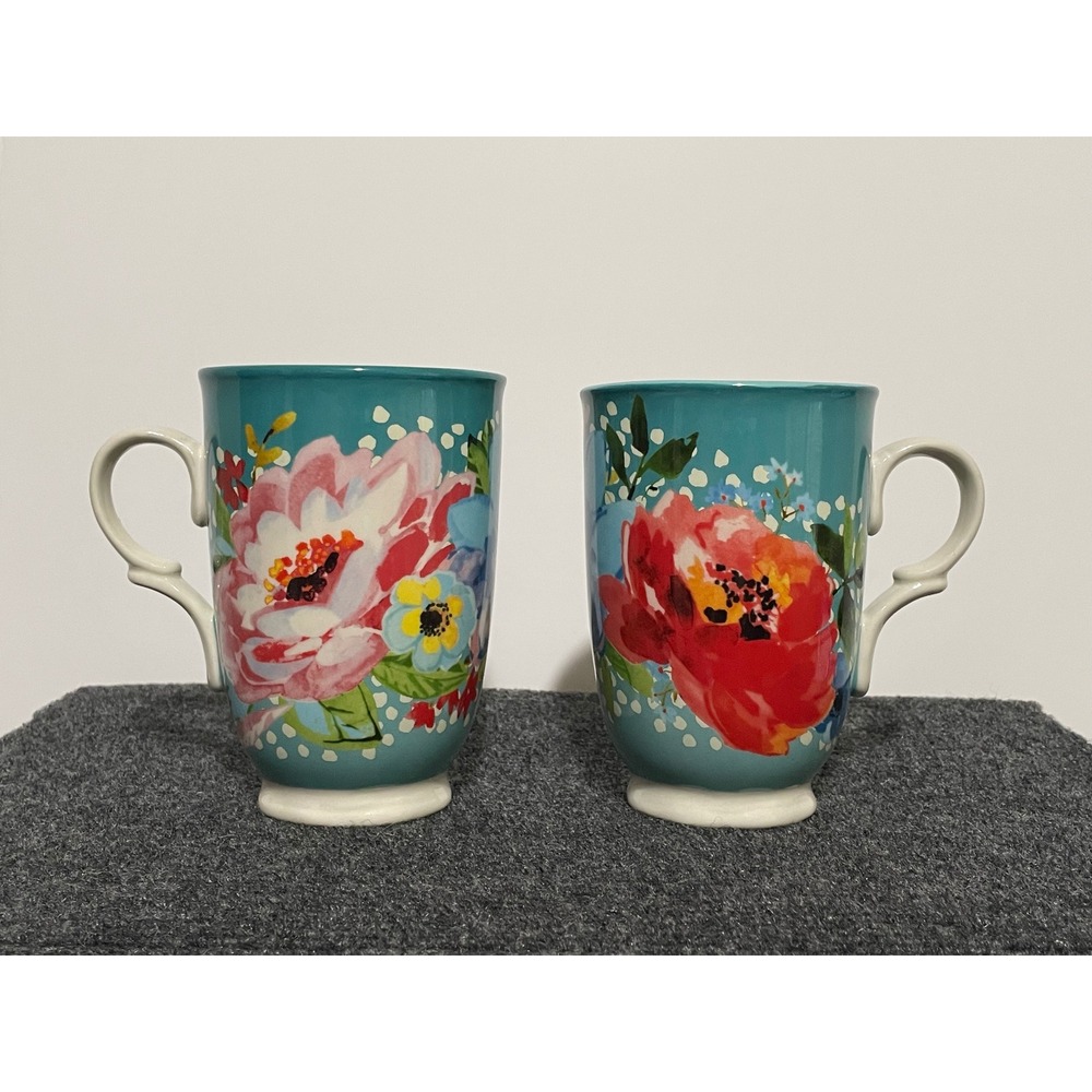 Pioneer Woman Melody Teal Floral Stoneware Mugs Set of 2 18oz Cups